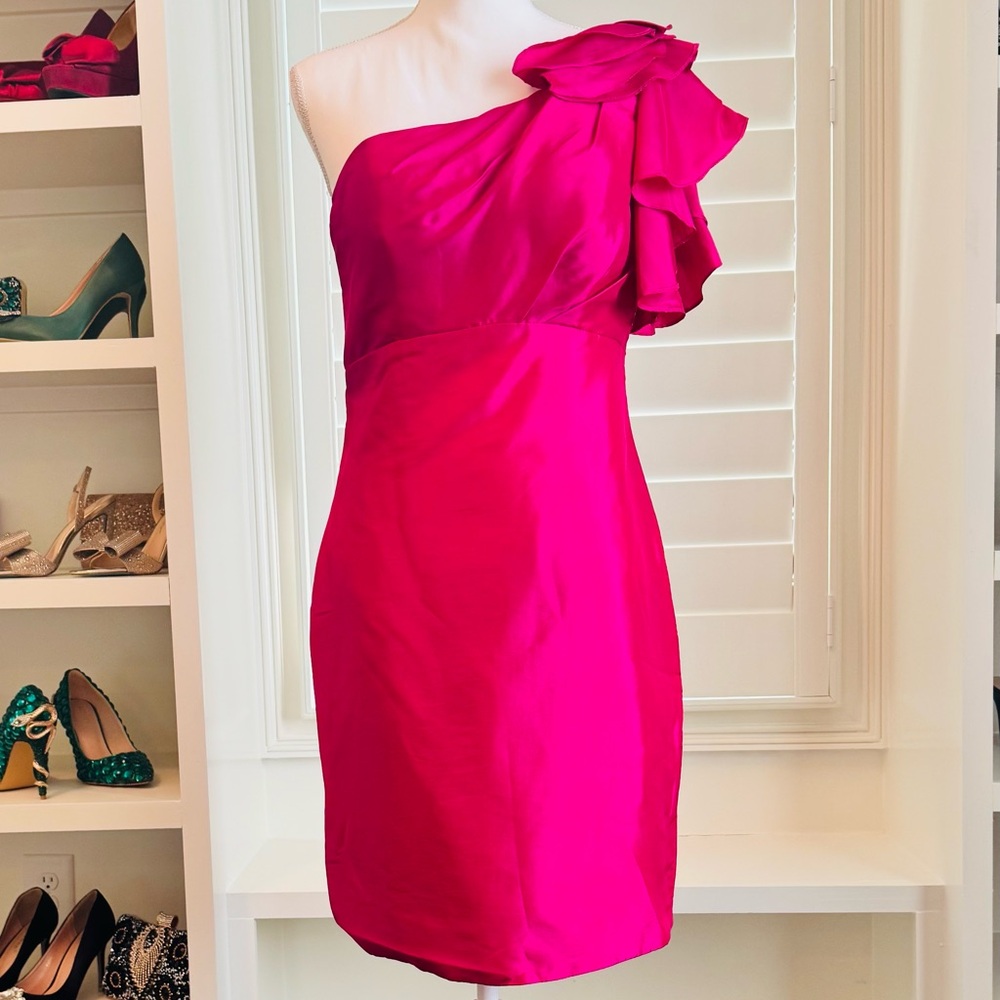 Fuchsia One-Shoulder Ruffle Cocktail Dress – Size Medium